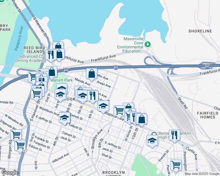 map of restaurants, bars, coffee shops, grocery stores, and more near 627 Arsan Avenue in Baltimore