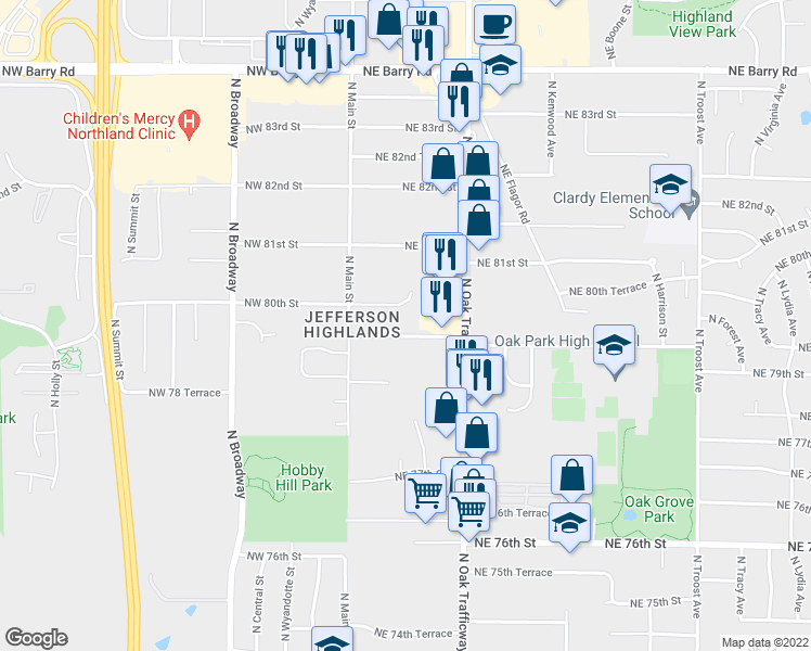 map of restaurants, bars, coffee shops, grocery stores, and more near 200 Northeast 79th Terrace in Kansas City