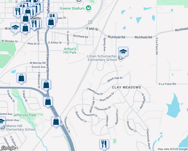 map of restaurants, bars, coffee shops, grocery stores, and more near 767 Spring Circle in Liberty