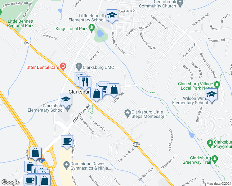 map of restaurants, bars, coffee shops, grocery stores, and more near 23329 Brewers Tavern Way in Clarksburg