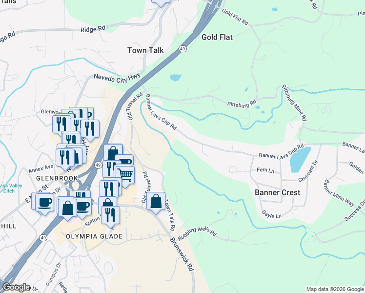map of restaurants, bars, coffee shops, grocery stores, and more near 10299 Banner Lava Cap Road in Nevada City