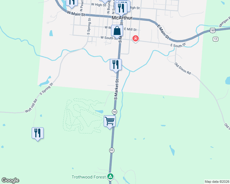 map of restaurants, bars, coffee shops, grocery stores, and more near 623 South Market Street in McArthur