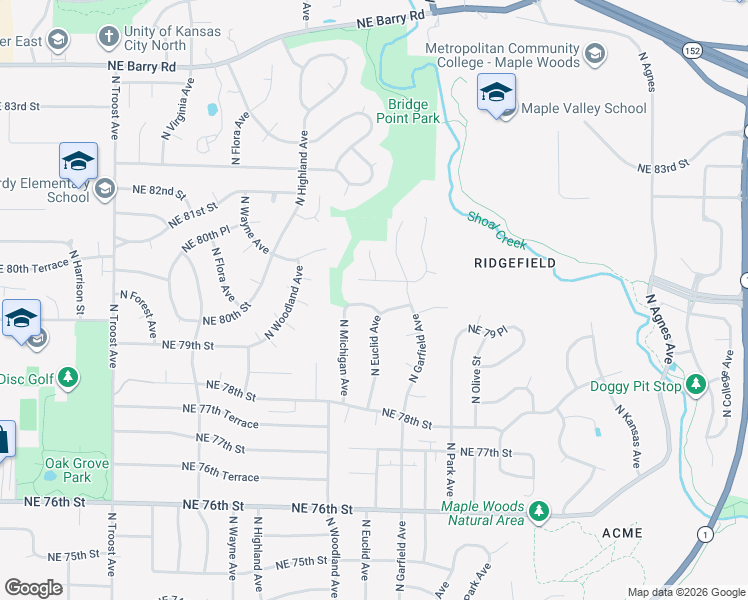 map of restaurants, bars, coffee shops, grocery stores, and more near 1912 Northeast 79th Terrace in Kansas City
