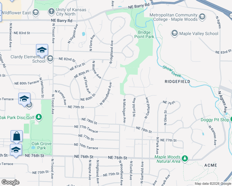 map of restaurants, bars, coffee shops, grocery stores, and more near 1814 Northeast 79 Place in Kansas City