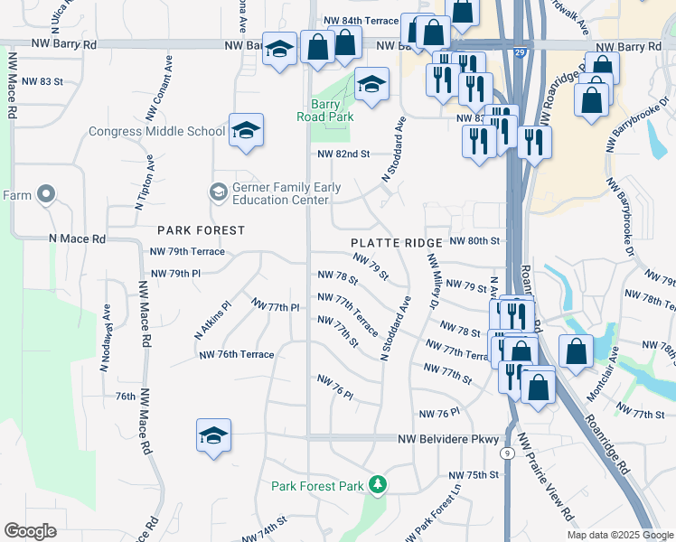 map of restaurants, bars, coffee shops, grocery stores, and more near 7500 Northwest 78th Street in Kansas City