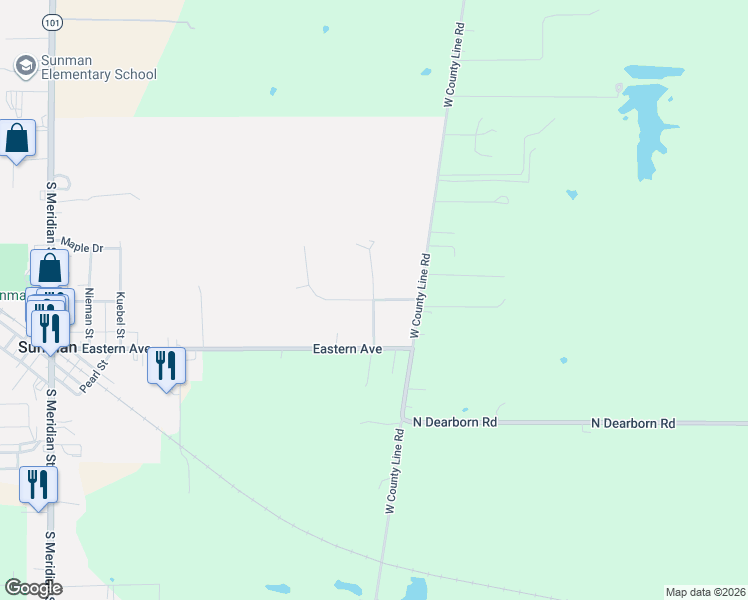 map of restaurants, bars, coffee shops, grocery stores, and more near Fawnmeadows Drive in Sunman