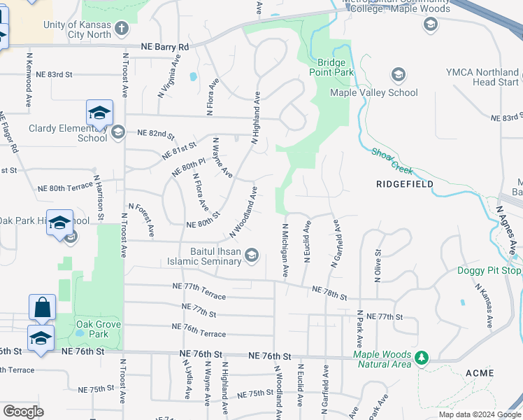 map of restaurants, bars, coffee shops, grocery stores, and more near 1814 Northeast 79 Place in Kansas City