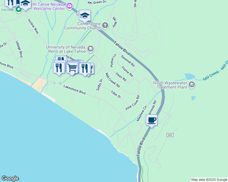 map of restaurants, bars, coffee shops, grocery stores, and more near 1070 Tiller Drive in Incline Village