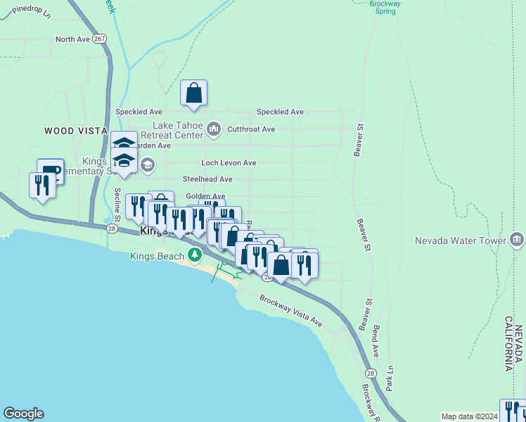 map of restaurants, bars, coffee shops, grocery stores, and more near 8633 Rainbow Avenue in Kings Beach