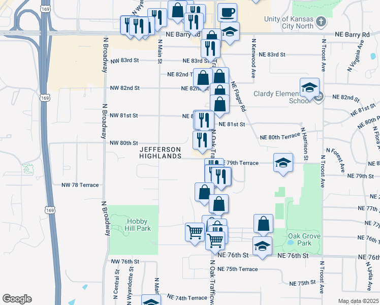 map of restaurants, bars, coffee shops, grocery stores, and more near 200 Northeast 79th Terrace in Kansas City