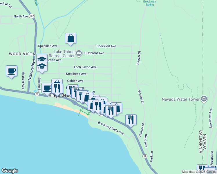 map of restaurants, bars, coffee shops, grocery stores, and more near 8691 Rainbow Avenue in Kings Beach