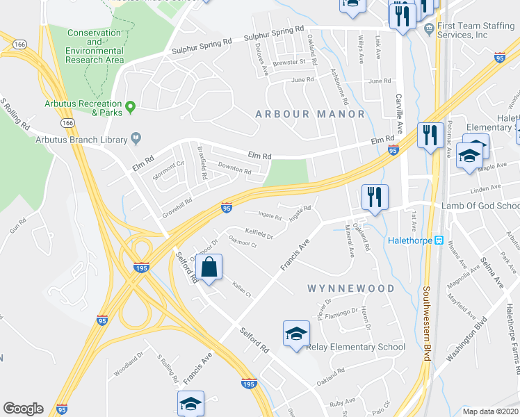 map of restaurants, bars, coffee shops, grocery stores, and more near 1130 Ingate Road in Halethorpe