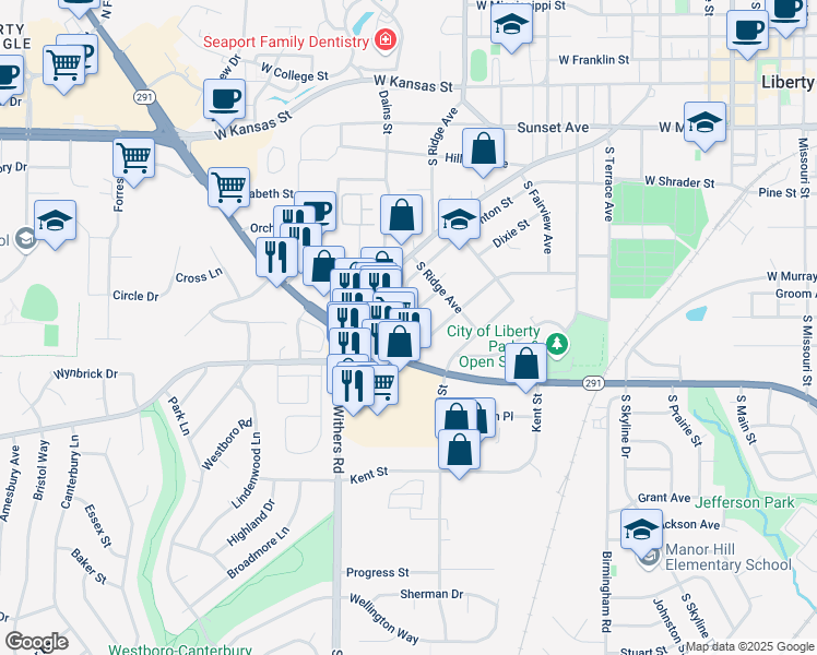 map of restaurants, bars, coffee shops, grocery stores, and more near 827 Dixie Street in Liberty