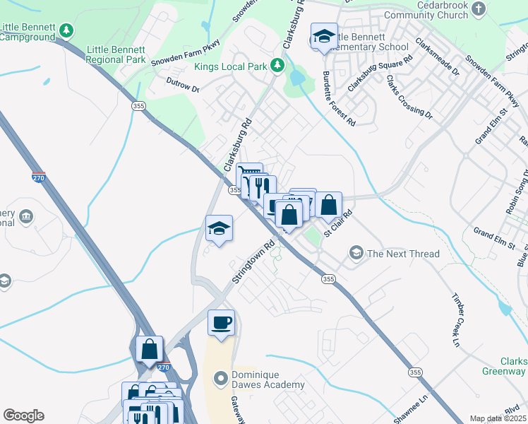 map of restaurants, bars, coffee shops, grocery stores, and more near 23315 Frederick Road in Clarksburg
