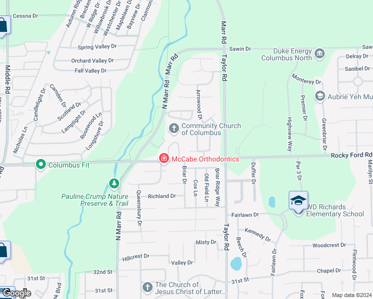 map of restaurants, bars, coffee shops, grocery stores, and more near 3702 Balsam Court in Columbus