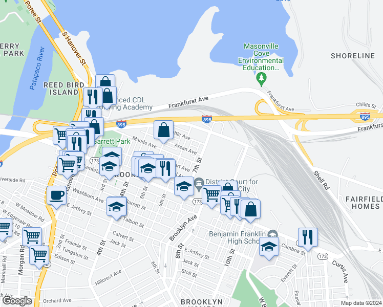map of restaurants, bars, coffee shops, grocery stores, and more near 621 Arsan Avenue in Baltimore