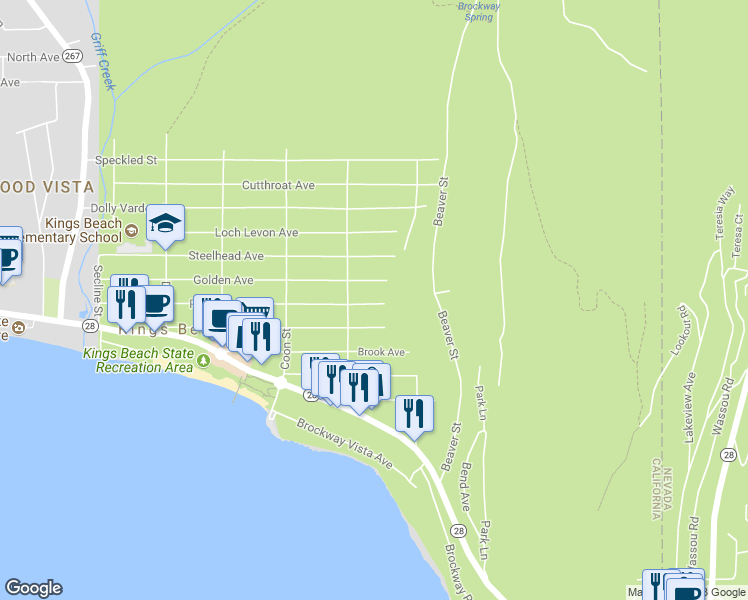map of restaurants, bars, coffee shops, grocery stores, and more near 8783 Rainbow Avenue in Kings Beach