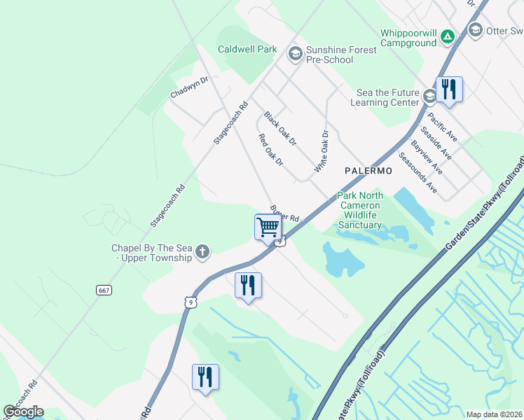 map of restaurants, bars, coffee shops, grocery stores, and more near 40 Butter Road in Ocean View