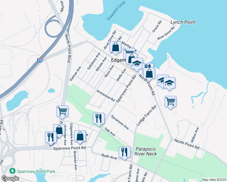 map of restaurants, bars, coffee shops, grocery stores, and more near 2911 Wells Avenue in Sparrows Point