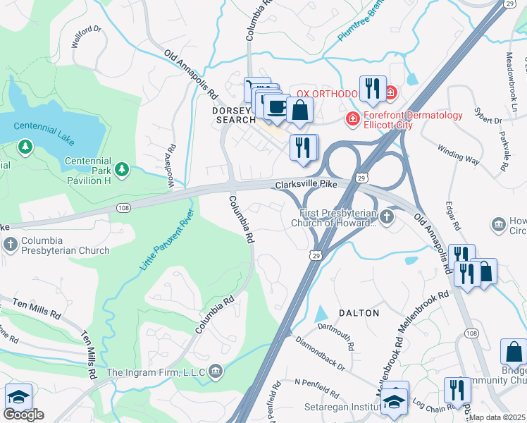 map of restaurants, bars, coffee shops, grocery stores, and more near 4951 Columbia Road in Columbia