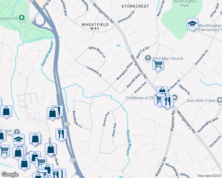 map of restaurants, bars, coffee shops, grocery stores, and more near 4865 Red Hill Way in Ellicott City