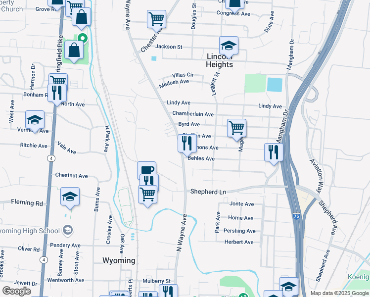 map of restaurants, bars, coffee shops, grocery stores, and more near 9616 Wayne Avenue in Cincinnati