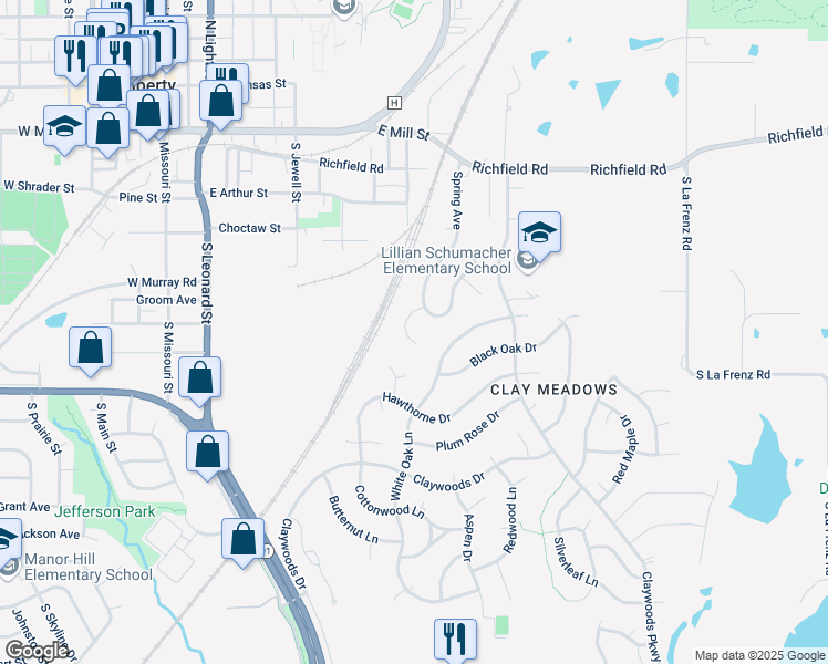 map of restaurants, bars, coffee shops, grocery stores, and more near 767 Spring Circle in Liberty