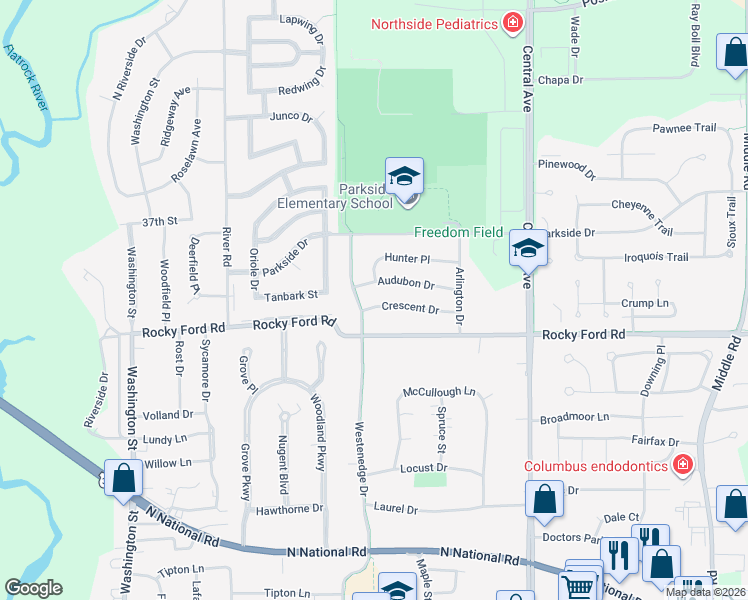 map of restaurants, bars, coffee shops, grocery stores, and more near 1312 Crescent Drive in Columbus