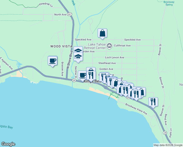 map of restaurants, bars, coffee shops, grocery stores, and more near 375 Deer Street in Kings Beach