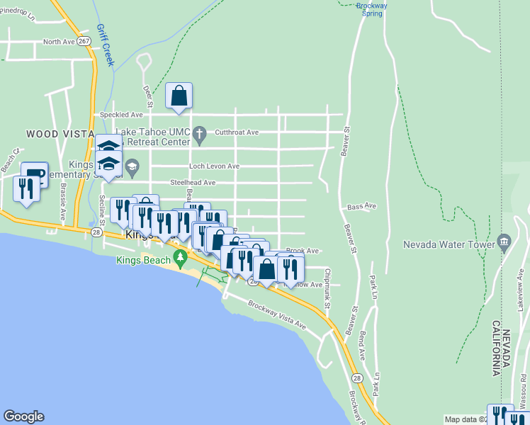 map of restaurants, bars, coffee shops, grocery stores, and more near 8691 Rainbow Avenue in Kings Beach