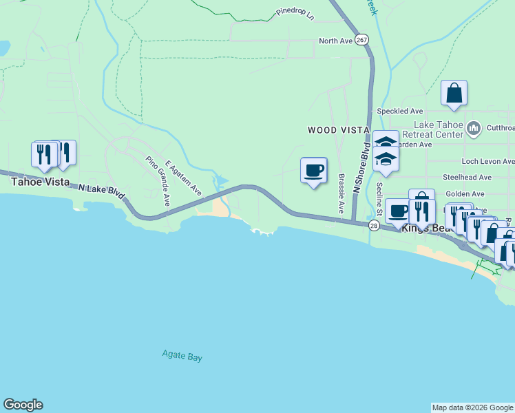map of restaurants, bars, coffee shops, grocery stores, and more near 7610 North Lake Boulevard in Tahoe Vista