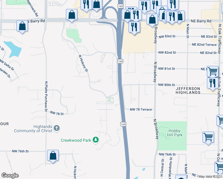 map of restaurants, bars, coffee shops, grocery stores, and more near 900 Northwest 79th Terrace in Kansas City