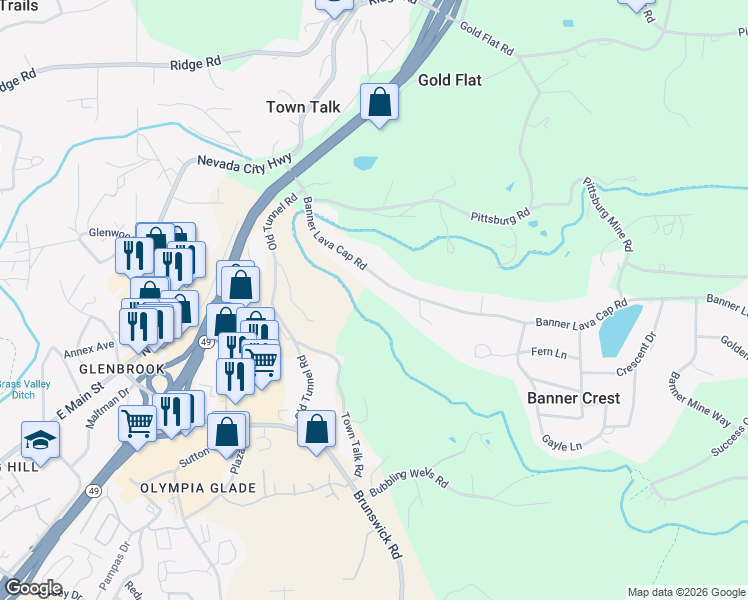 map of restaurants, bars, coffee shops, grocery stores, and more near 10299 Banner Lava Cap Road in Nevada City
