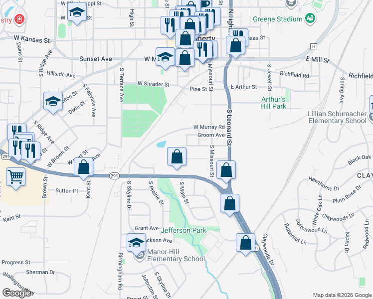 map of restaurants, bars, coffee shops, grocery stores, and more near 4 East Hurt Street in Liberty