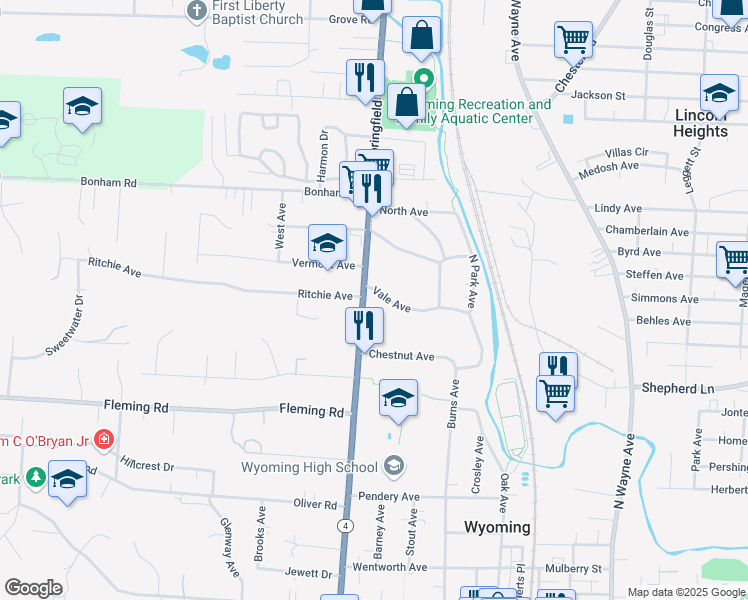 map of restaurants, bars, coffee shops, grocery stores, and more near 15 Vale Avenue in Wyoming