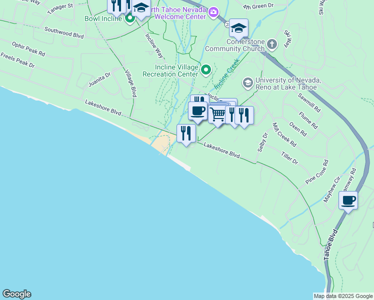 map of restaurants, bars, coffee shops, grocery stores, and more near 998 Lakeshore Boulevard in Incline Village