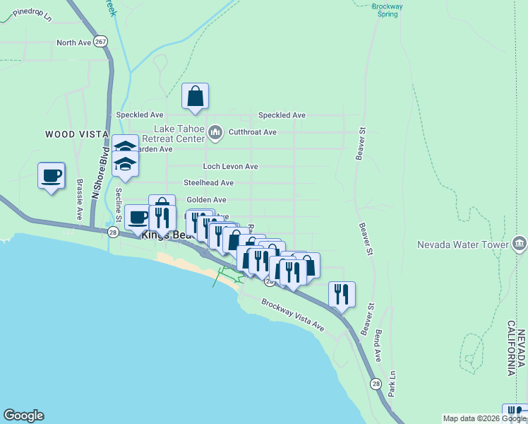 map of restaurants, bars, coffee shops, grocery stores, and more near 8633 Rainbow Avenue in Kings Beach