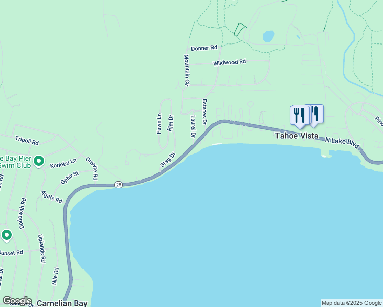 map of restaurants, bars, coffee shops, grocery stores, and more near 6430 North Lake Boulevard in Tahoe Vista