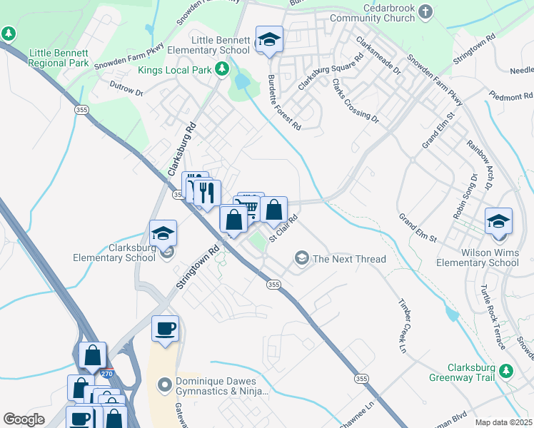 map of restaurants, bars, coffee shops, grocery stores, and more near 23312 Brewers Tavern Way in Clarksburg