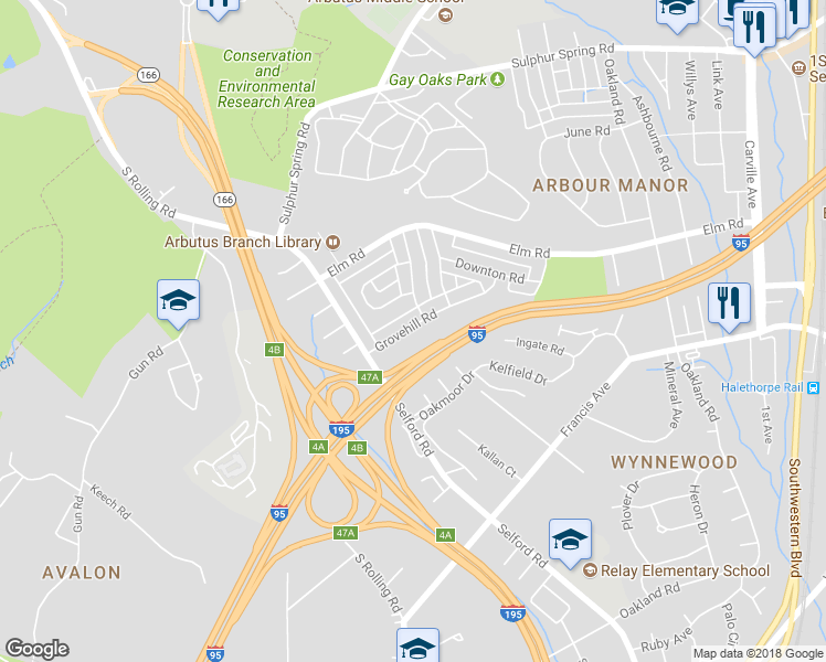 map of restaurants, bars, coffee shops, grocery stores, and more near 931 Grovehill Road in Halethorpe