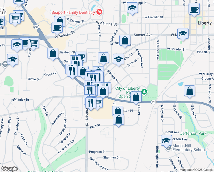 map of restaurants, bars, coffee shops, grocery stores, and more near 827 Dixie Street in Liberty