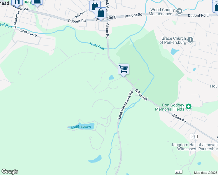 map of restaurants, bars, coffee shops, grocery stores, and more near Empire Lake Drive in Parkersburg