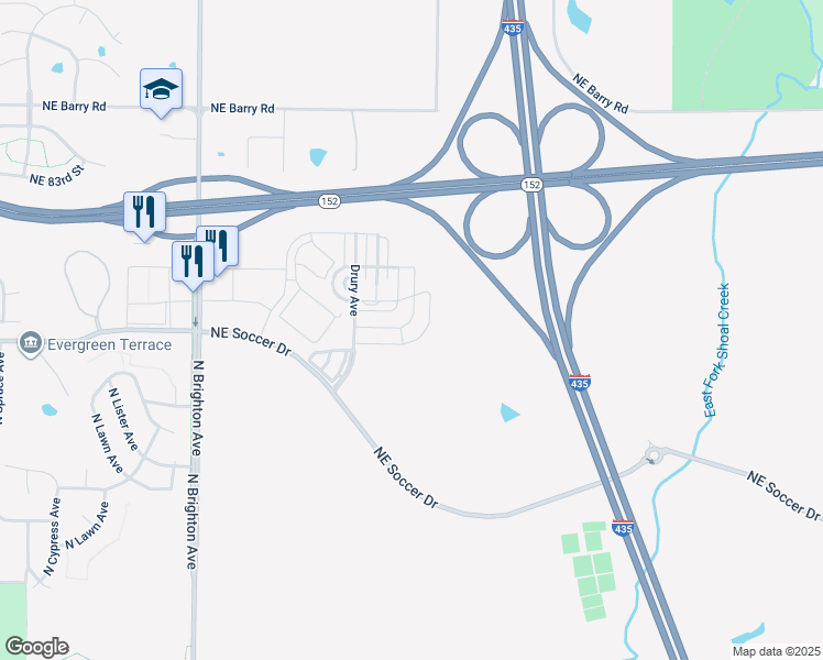 map of restaurants, bars, coffee shops, grocery stores, and more near 5701 Northeast 80th Terrace in Kansas City