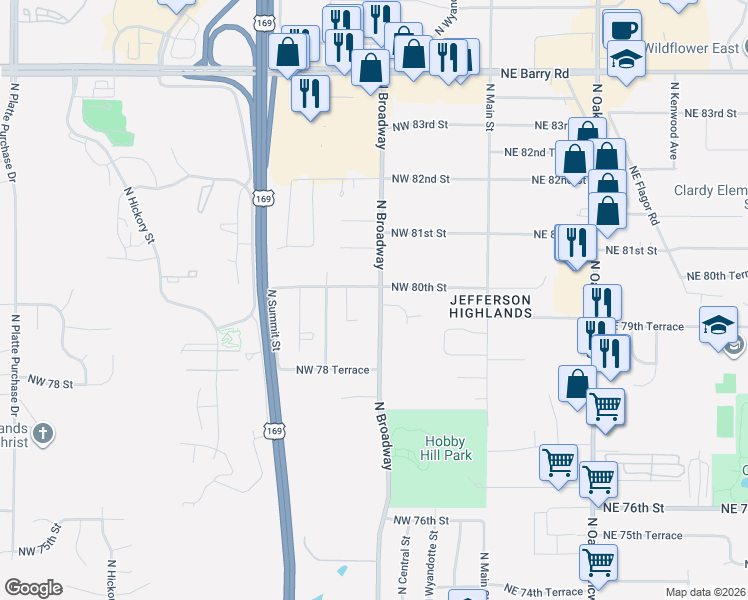 map of restaurants, bars, coffee shops, grocery stores, and more near 7932 North Broadway in Kansas City