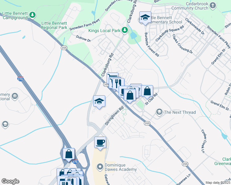 map of restaurants, bars, coffee shops, grocery stores, and more near 23329 Maryland 355 in Clarksburg