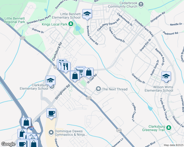 map of restaurants, bars, coffee shops, grocery stores, and more near 23326 Brewers Tavern Way in Clarksburg
