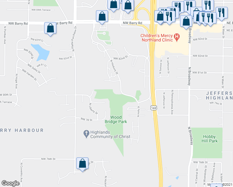 map of restaurants, bars, coffee shops, grocery stores, and more near 7950 North Hickory Street in Kansas City
