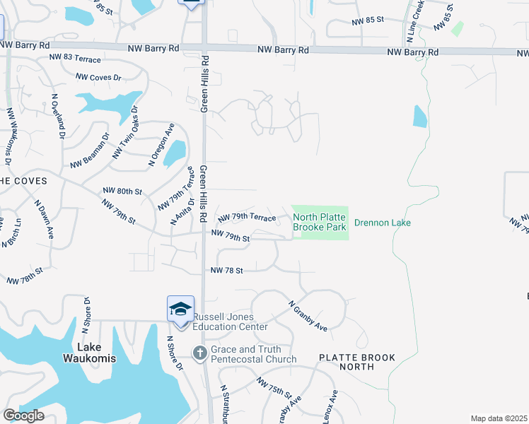 map of restaurants, bars, coffee shops, grocery stores, and more near 4100 Northwest 79th Terrace in Kansas City