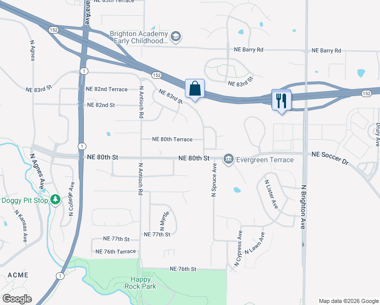 map of restaurants, bars, coffee shops, grocery stores, and more near 4109 Northeast 80th Street in Kansas City