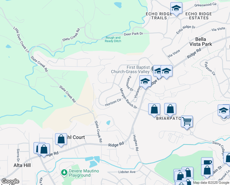 map of restaurants, bars, coffee shops, grocery stores, and more near 151 Holbrooke Way in Grass Valley